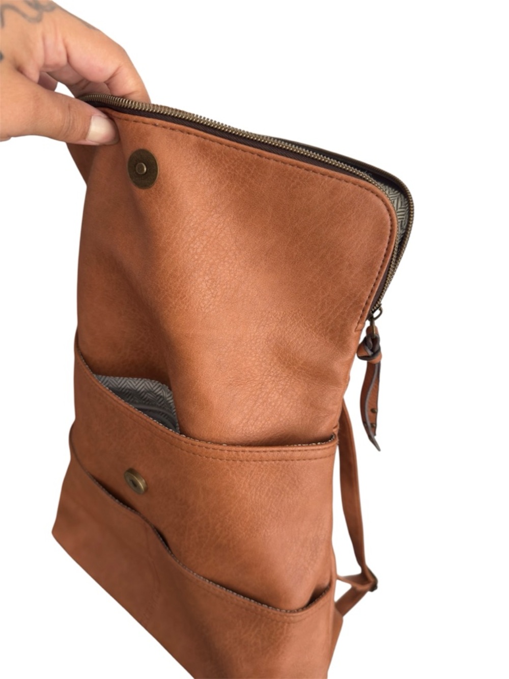 Classic Brown Leatherette Backpack Tote - Women's Bag - Picture 4 of 7